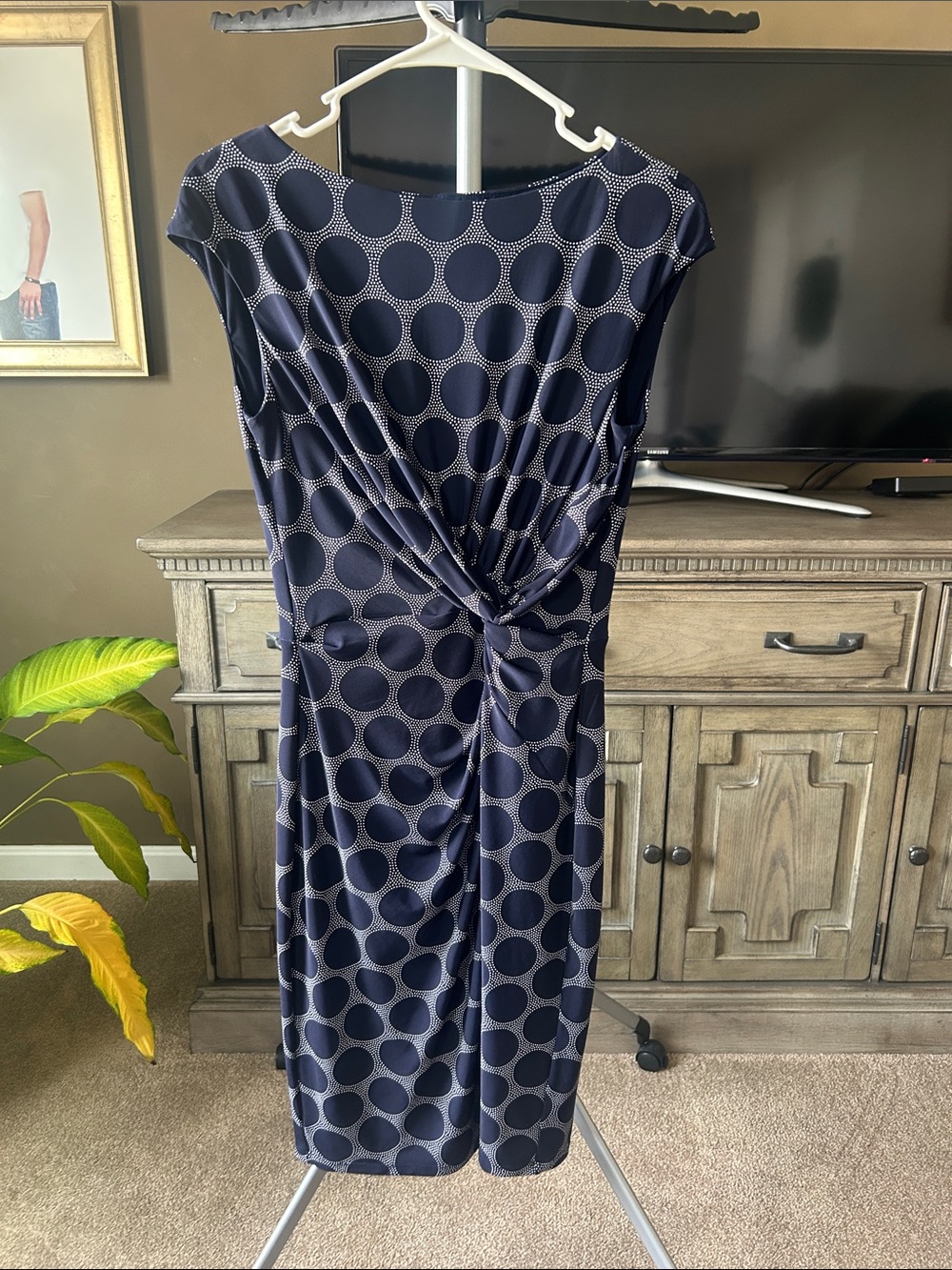 Ralph Lauren Navy Polka Dot Twist-Front Midi Dress